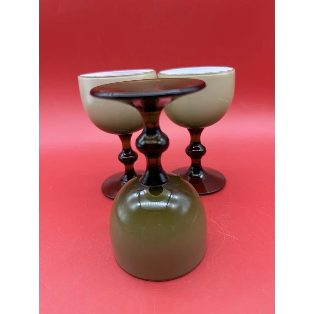 3 Vtg Carlo Moretti Smoke Taupe Cased MCM Cordial Liquor Glasses Murano 4.25